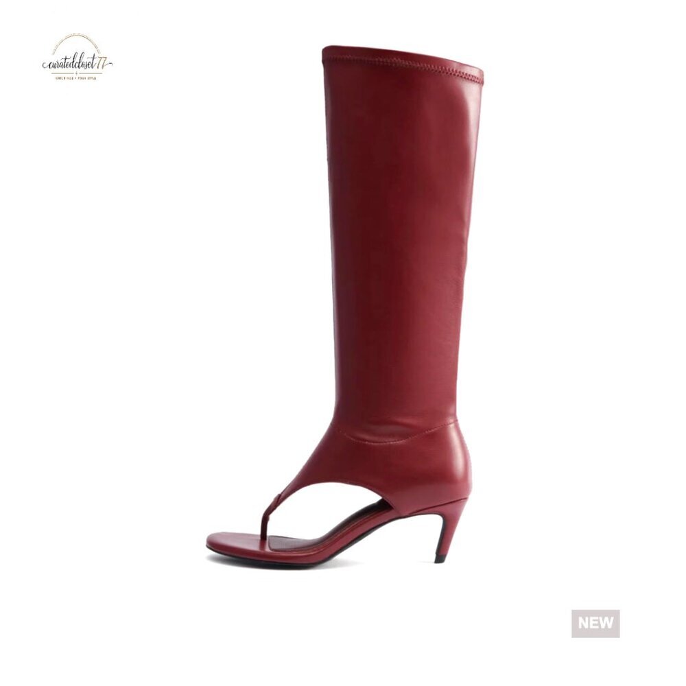 Knee High Thong Sandals Open Toe Kitten Heel Boots Stretch Upper